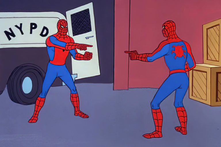 Spidermen pointing at each other
