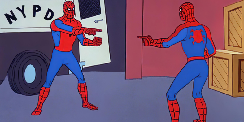 Spidermen pointing at eachother Spidermen pointing at each other