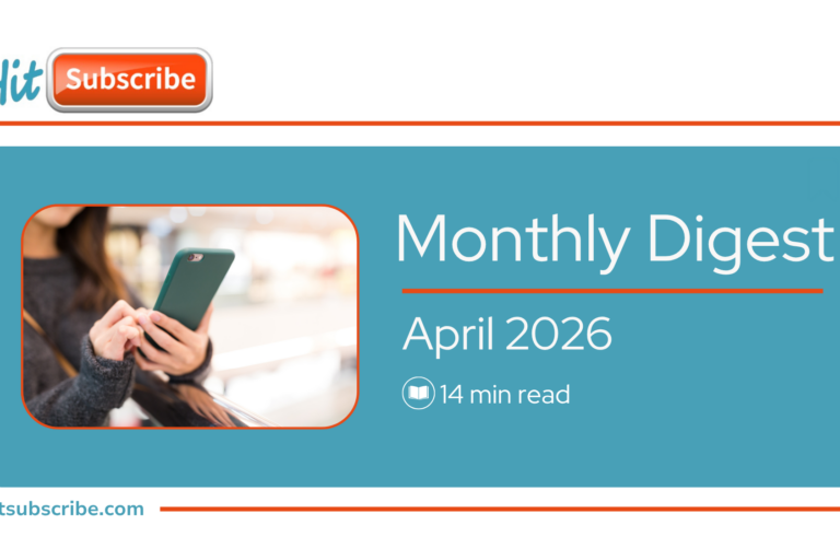 Woman reading the monthly digest on her phone.