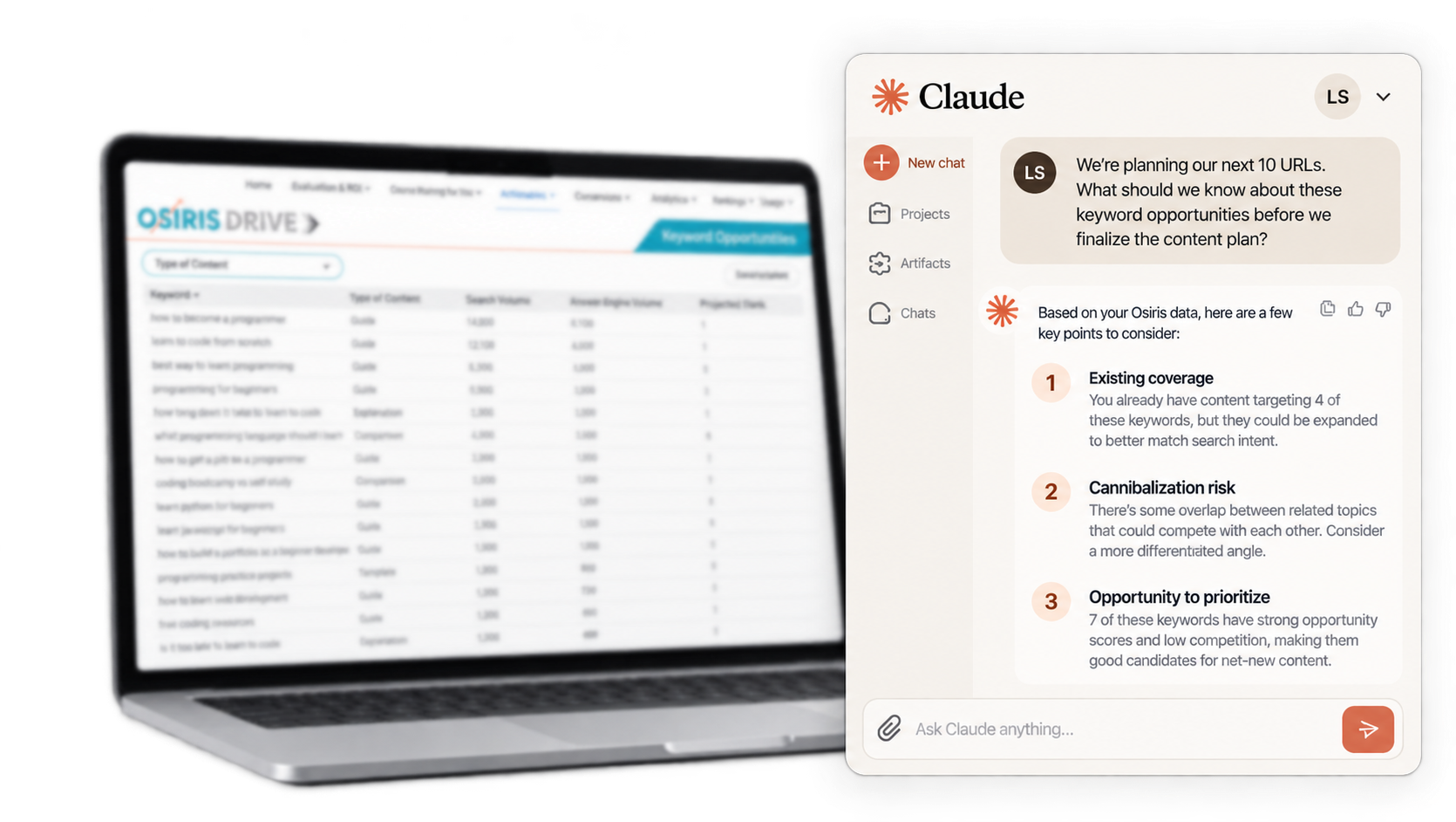 Osiris Drive search data connected to Claude for AI-powered questions and answers