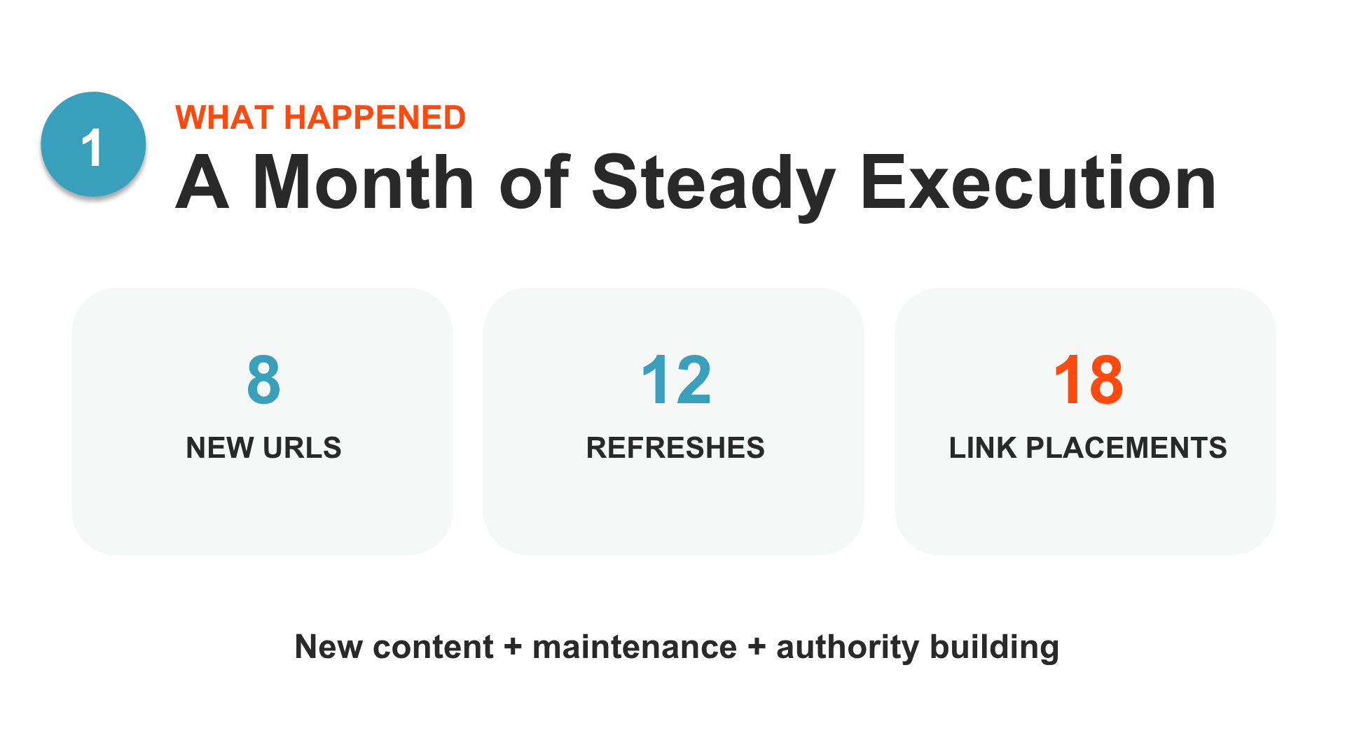 SEO results showing new URLs, content refreshes, and link placements completed