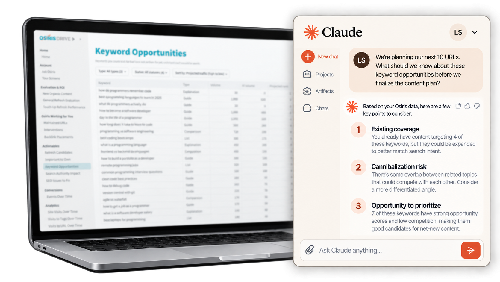 Osiris Drive search data connected to Claude for AI-powered questions and answers