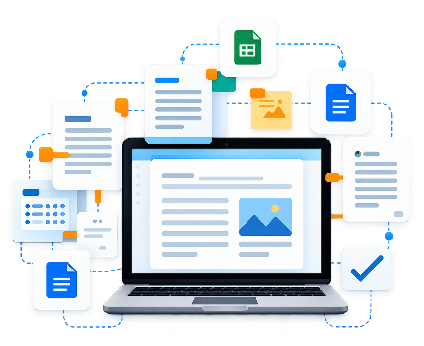 Illustration of a laptop surrounded by connected content documents, editorial workflows, and project management tools representing scalable content production.