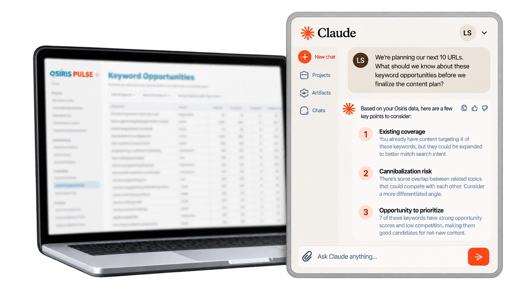 Osiris Pulse search data connected to Claude for AI-powered questions and answers