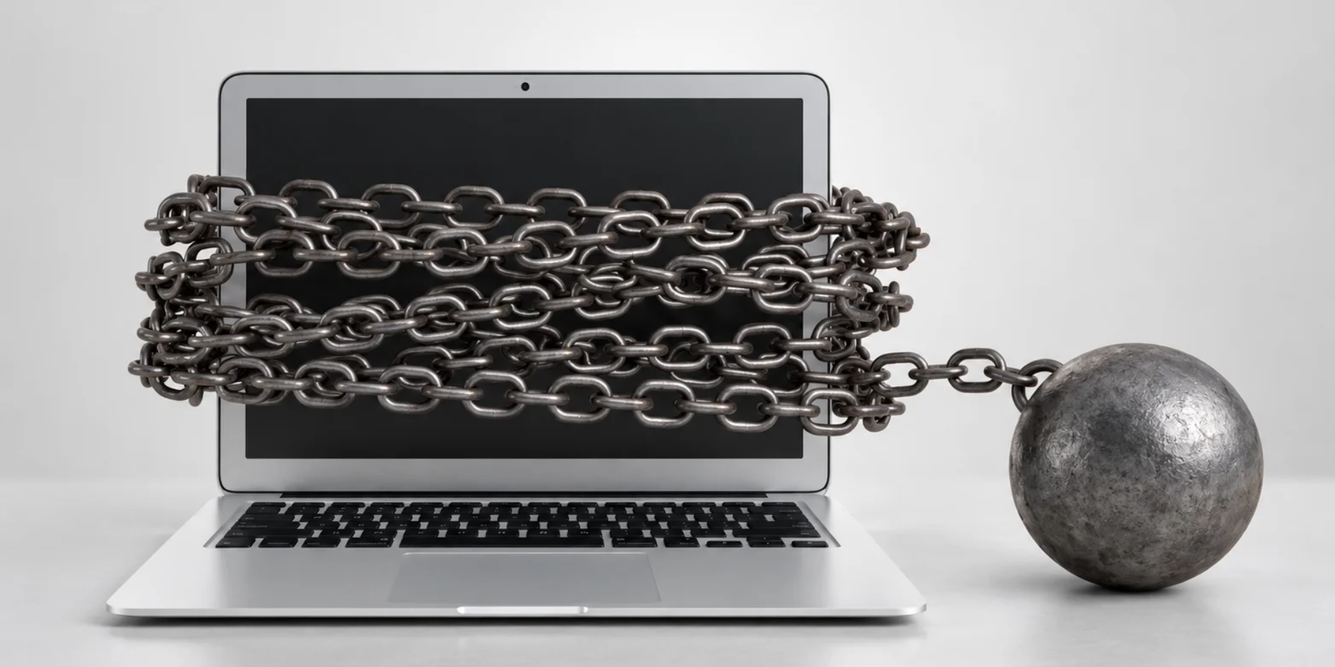 Laptop wrapped in heavy chains and attached to a ball and chain, illustrating SaaS vendor lock-in and costly software dependencies.