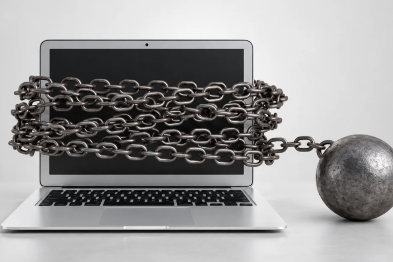 SaaS Vendor Lock-In and Software Dependencies Laptop wrapped in heavy chains and attached to a ball and chain, illustrating SaaS vendor lock-in and costly software dependencies.